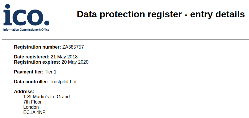 Trustpilot's ICO registration numer